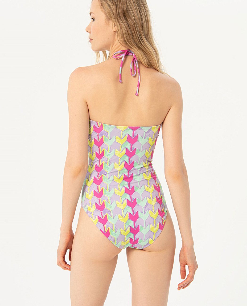 V-neck swimsuit with neck tie