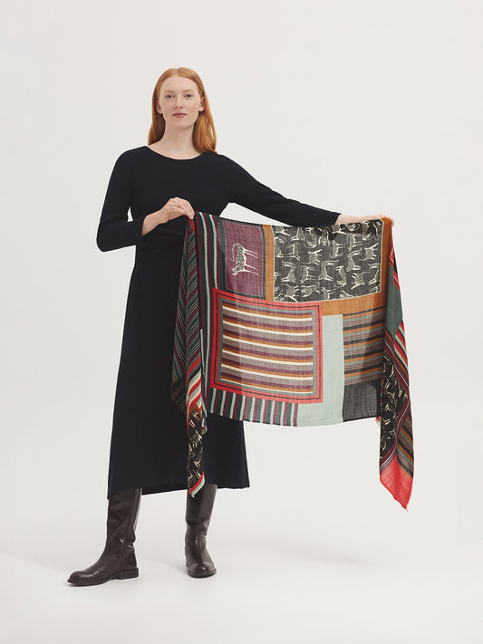 Rectangular wool scarf with patch feline stripes, cats, squares, in burgundy, red, camel black, ecru colors