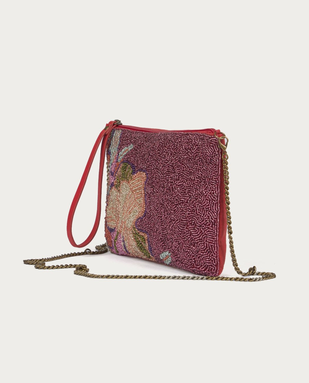 Beaded embroidered floral mauve clutch with removable chain handle.