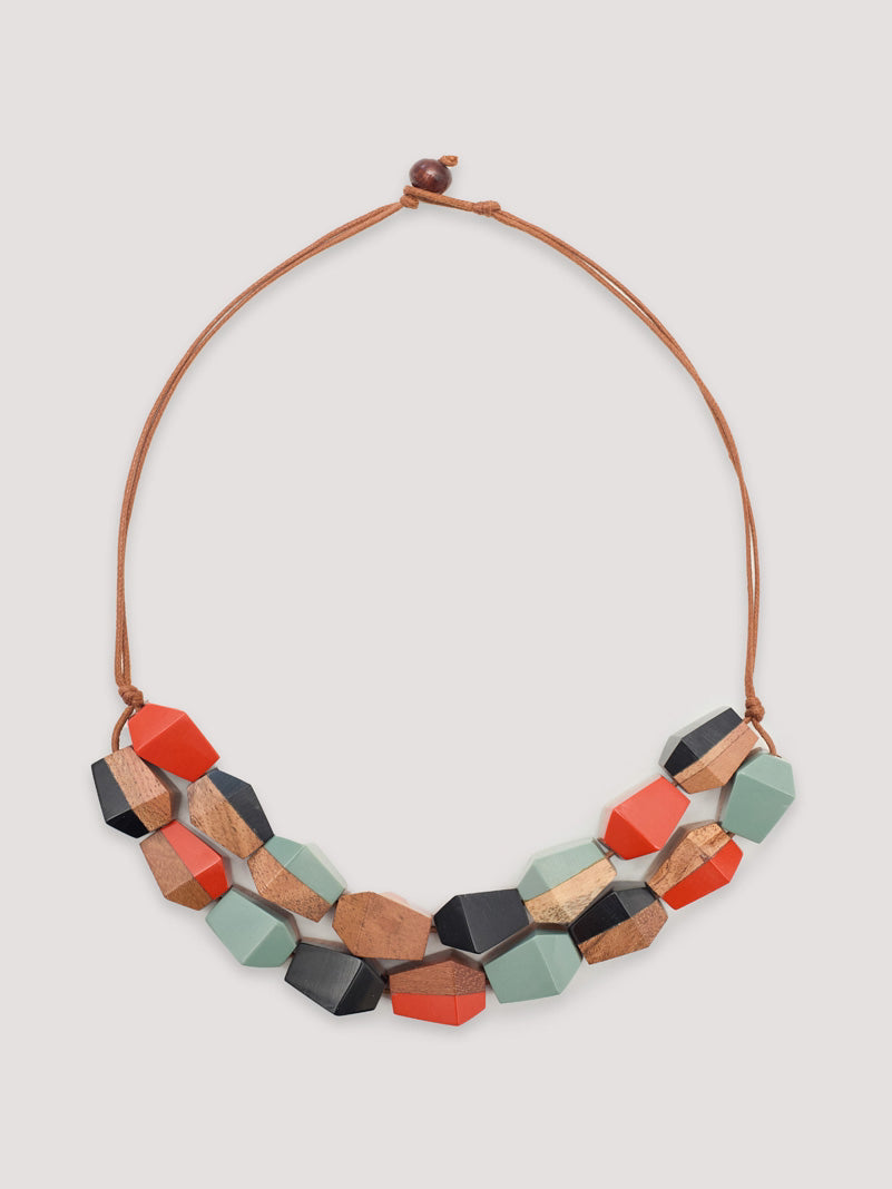 double row short resin and wood colorful necklace