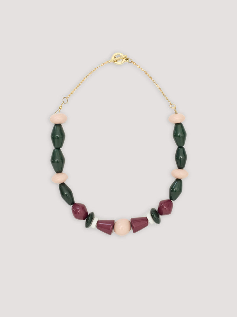 necklace short with dark green, burgundy and ecru geometrical beads