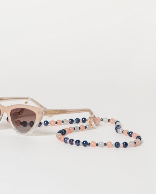 Beaded eyeglass cord in blue and pink colors.