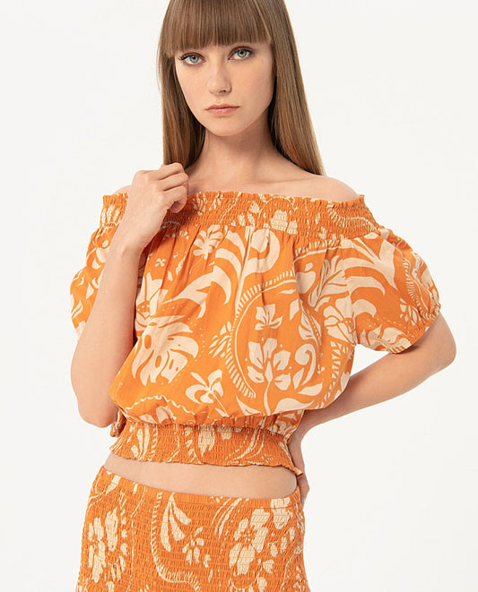 Printed bardot neckline blouse