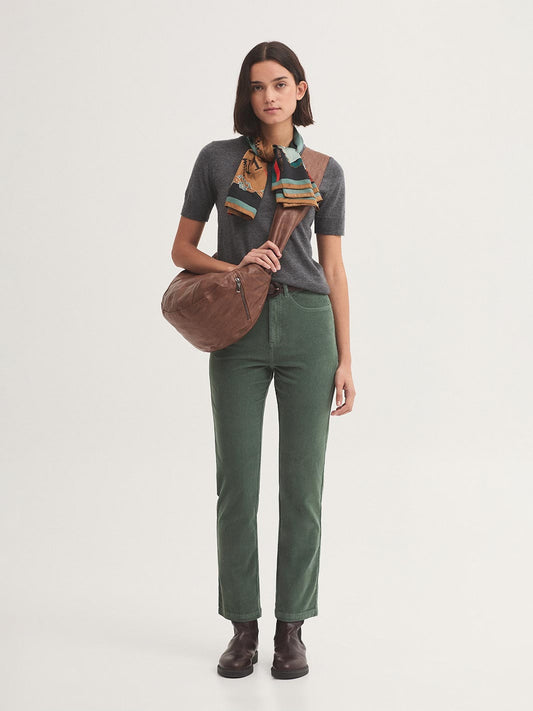 Five-pocket smoke green trousers in sustainable cotton micro corduroy fabric, front fastening with zip and button, front scoop pockets with little pocket and back patch pockets, belt loops, 98% Cotton, 2% Elastane.