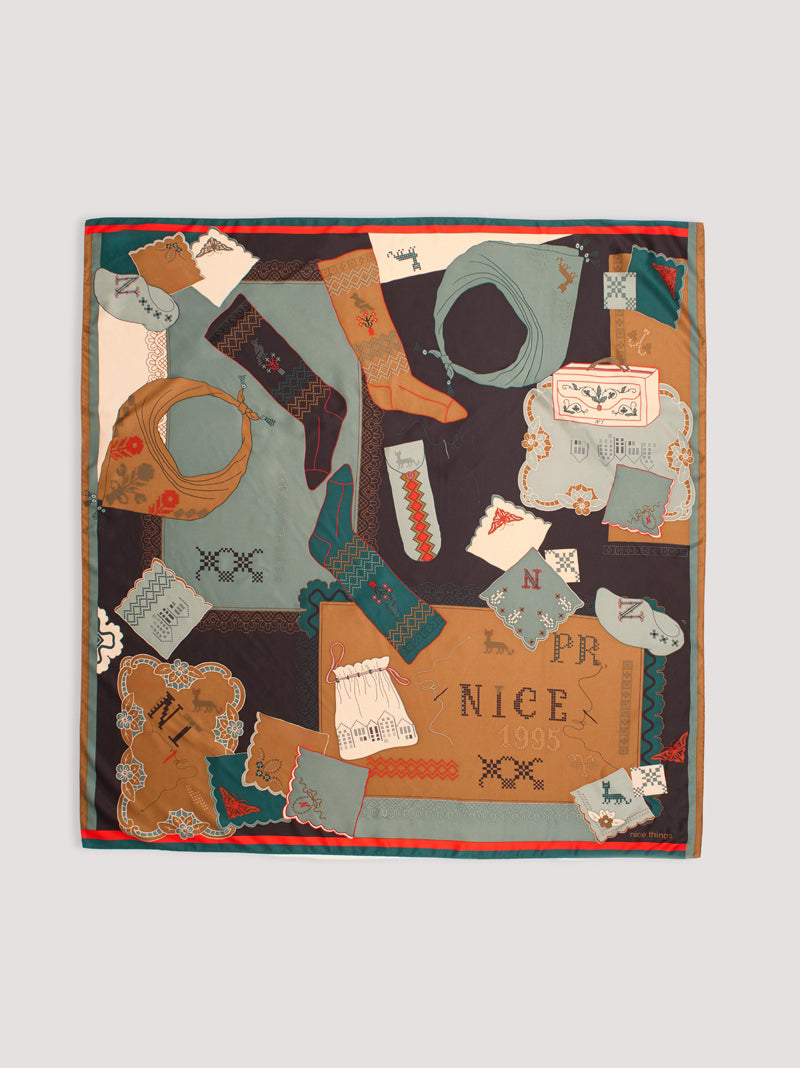 Square polyester patch scarf, with clothing accessories prints and cross stitch Nice Things word prints, in light brown light grey, orange, black, ecru colors and satin look 