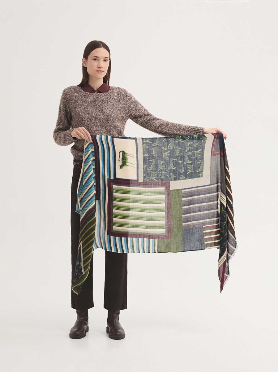Rectangular wool scarf with patch feline stripes print, cats and squares, in olive green, burgundy, light blue navy, ecru colors