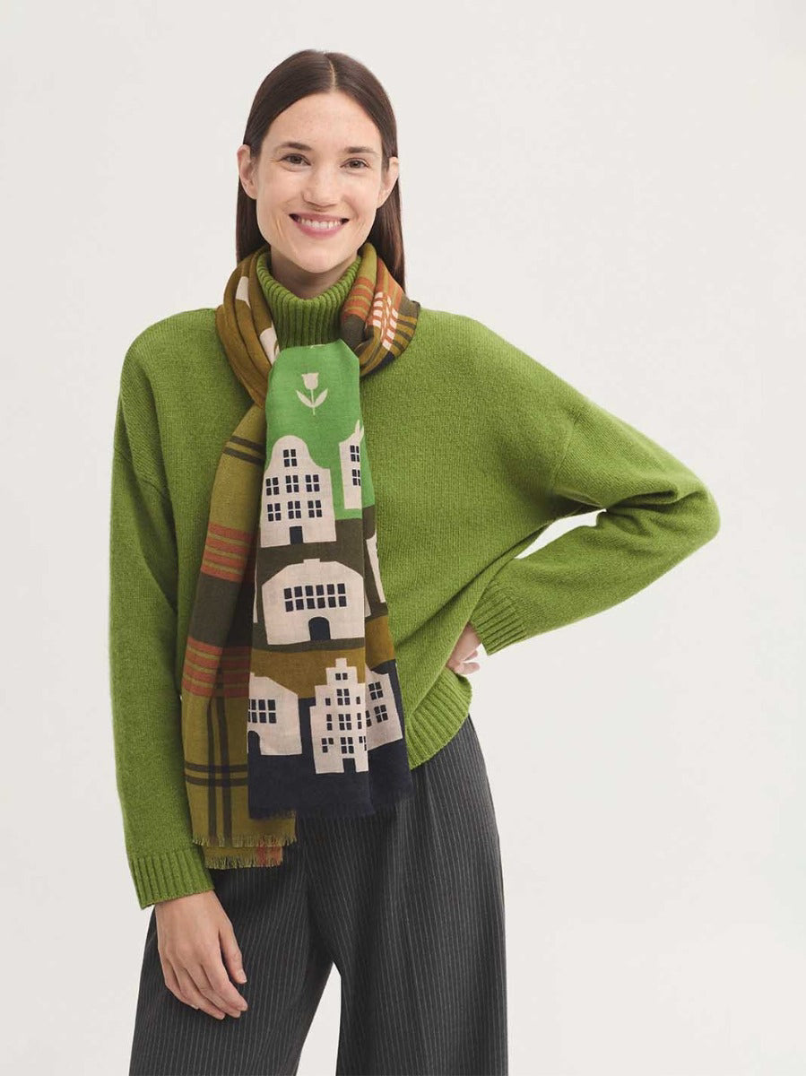Rectangular wool scarf half with dutch landscape print, houses, tulips and half with big checks, in olive, green, brown, camel and ecru colors