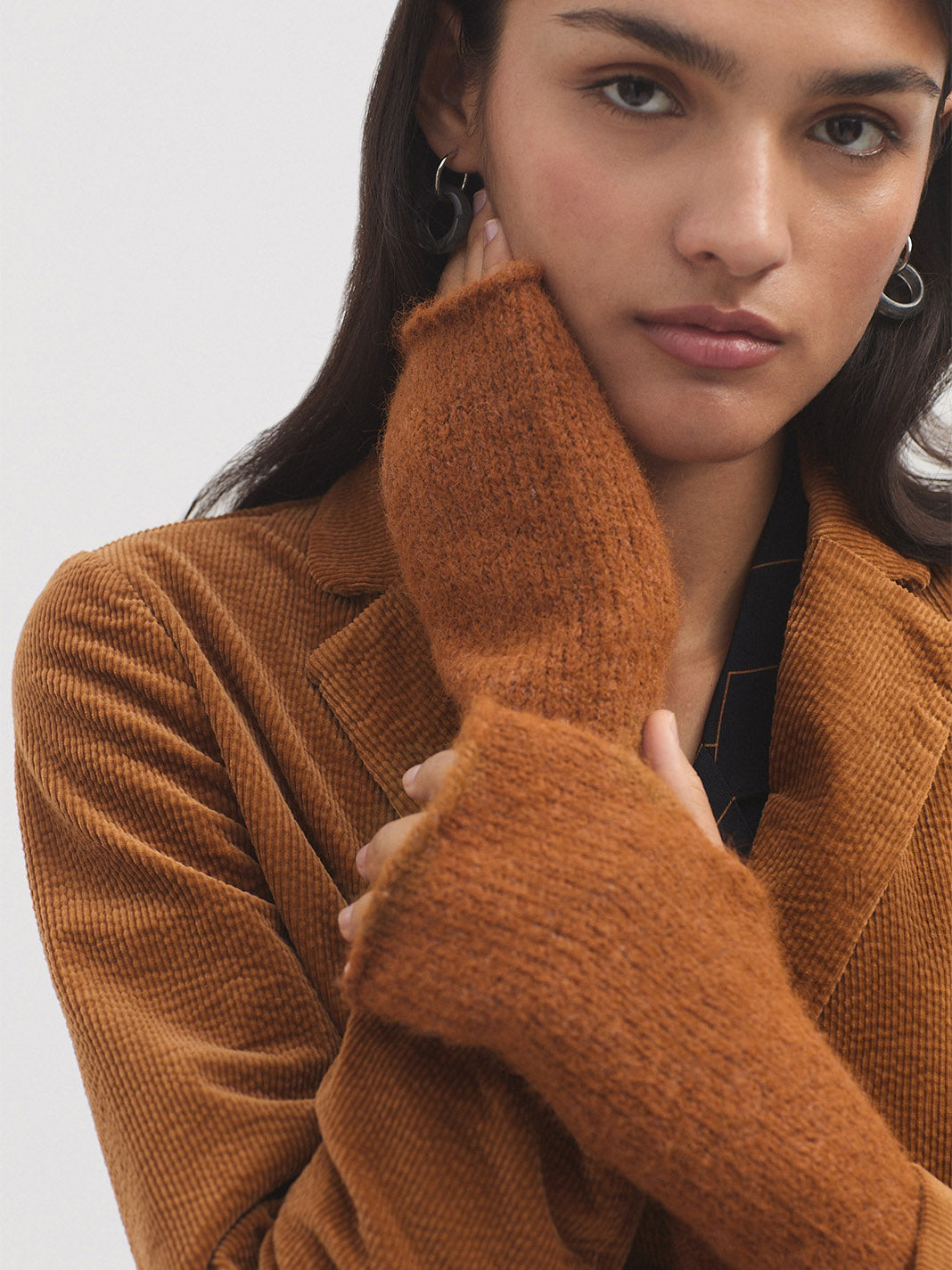 Plain light brown fingerless mittens