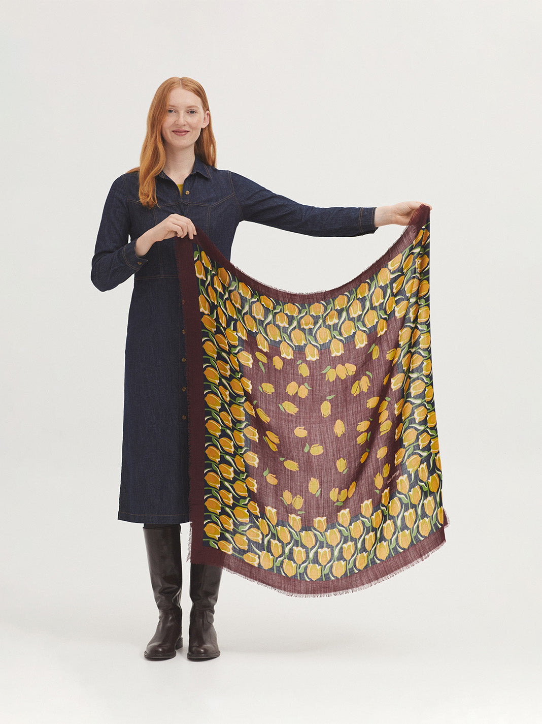 Square wool scarf with garden tulips print in dark yellow, light green colors, in chestnut background