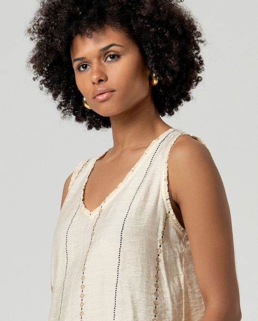 Embroidered print top Ecru