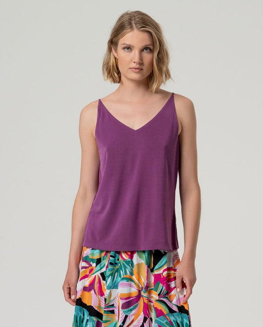 V-neck purple modal strap top.