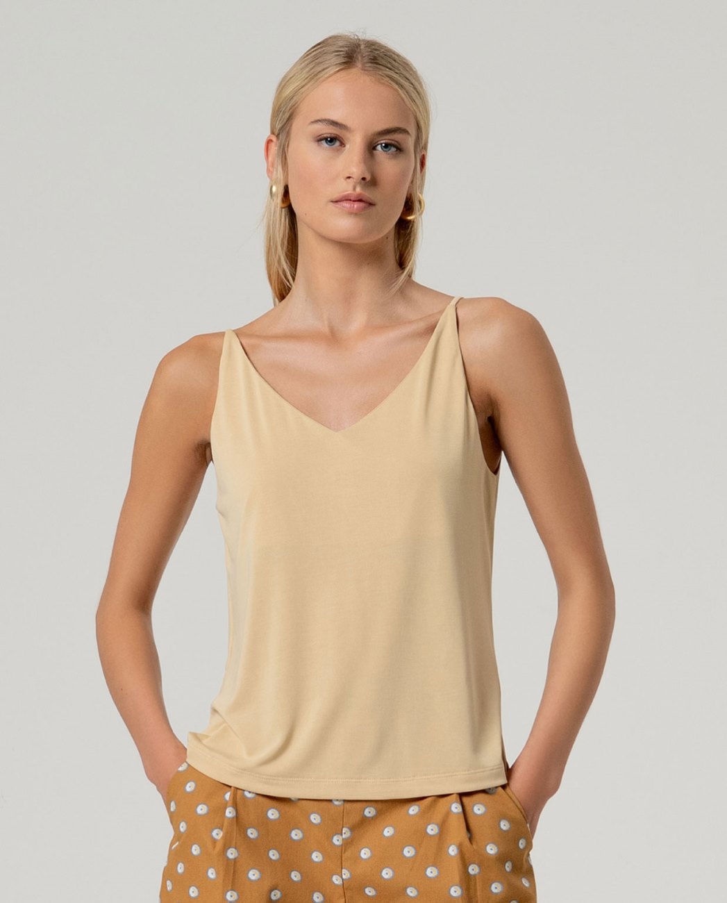 V-neck strap modal beige top.