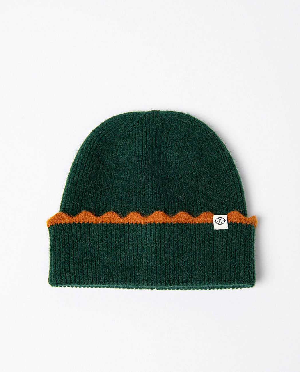 Dark green knitted beanie with orange trim