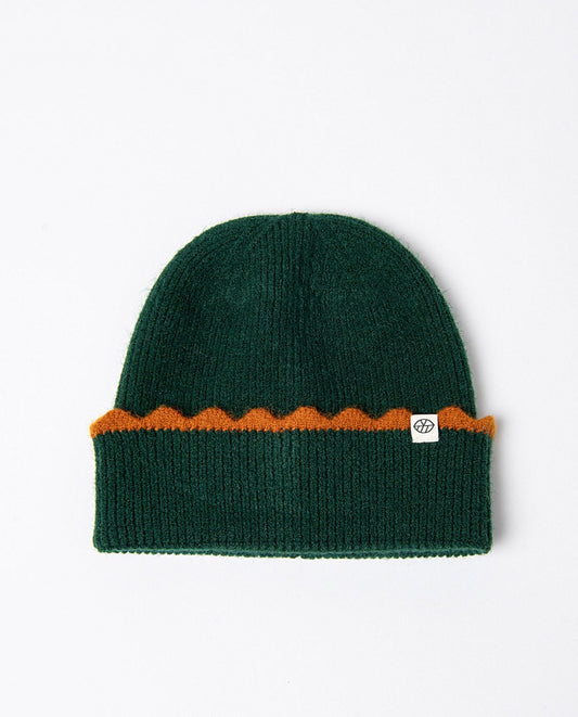 Dark green knitted beanie with orange trim
