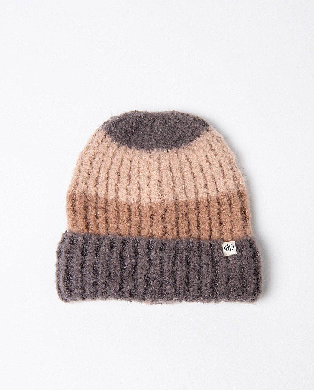 Knitted beanie with brown and grey stripes