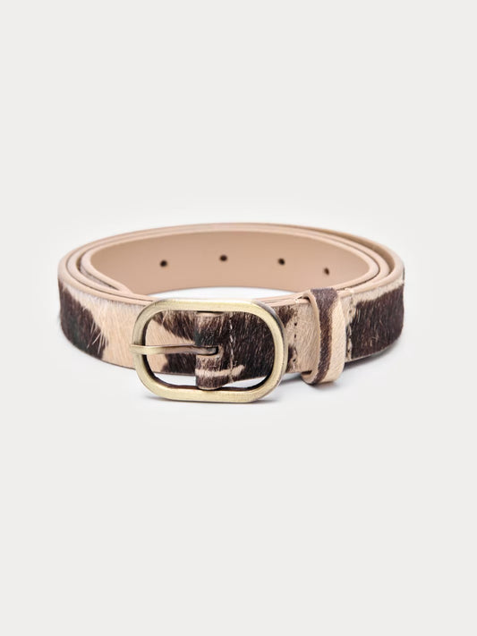Pony hair belt beige and brown with animal print and metal buckle, 2.5 X 110 cm