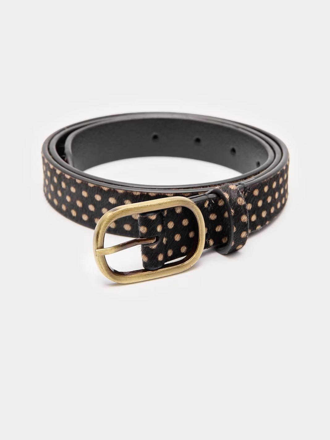 Pony hair belt black and beige with animal print and metal buckle, 2.5  X 110 cm