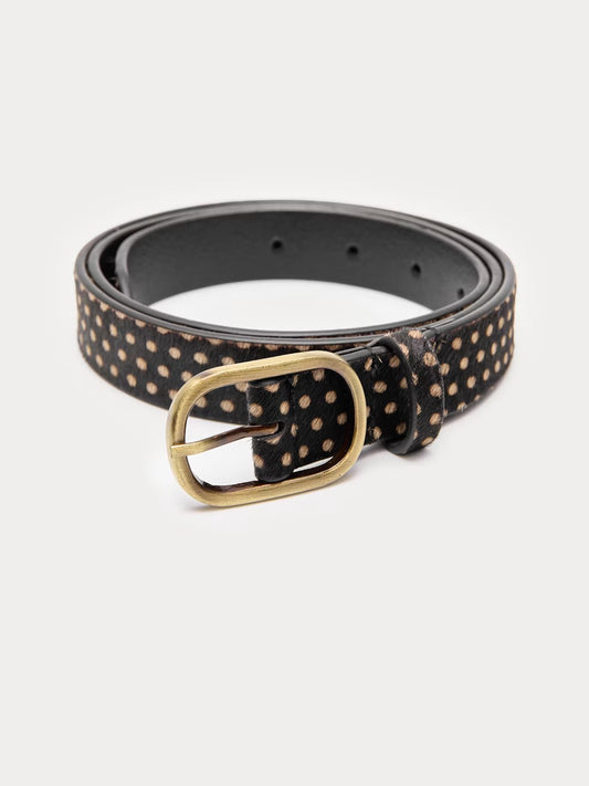 Pony hair belt black and beige with animal print and metal buckle, 2.5  X 110 cm