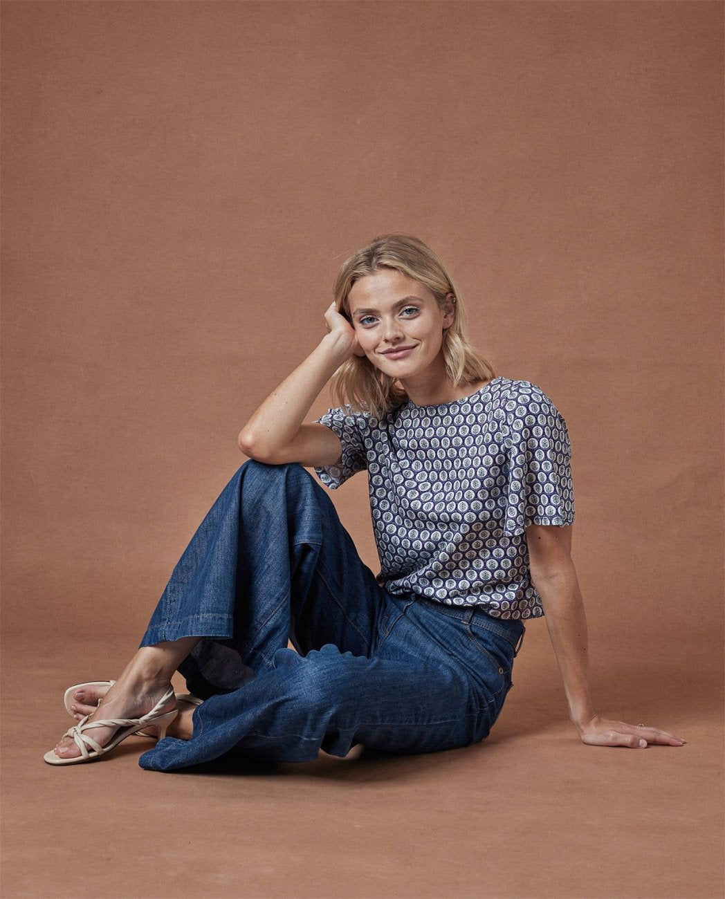 Boat neck printed top Blue