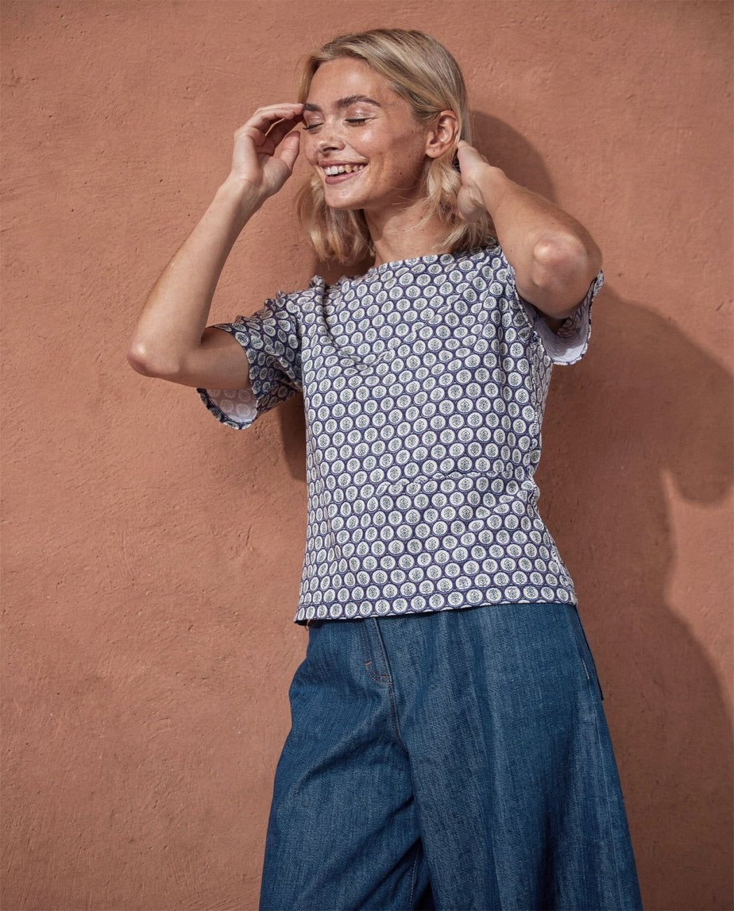 Boat neck printed top Blue