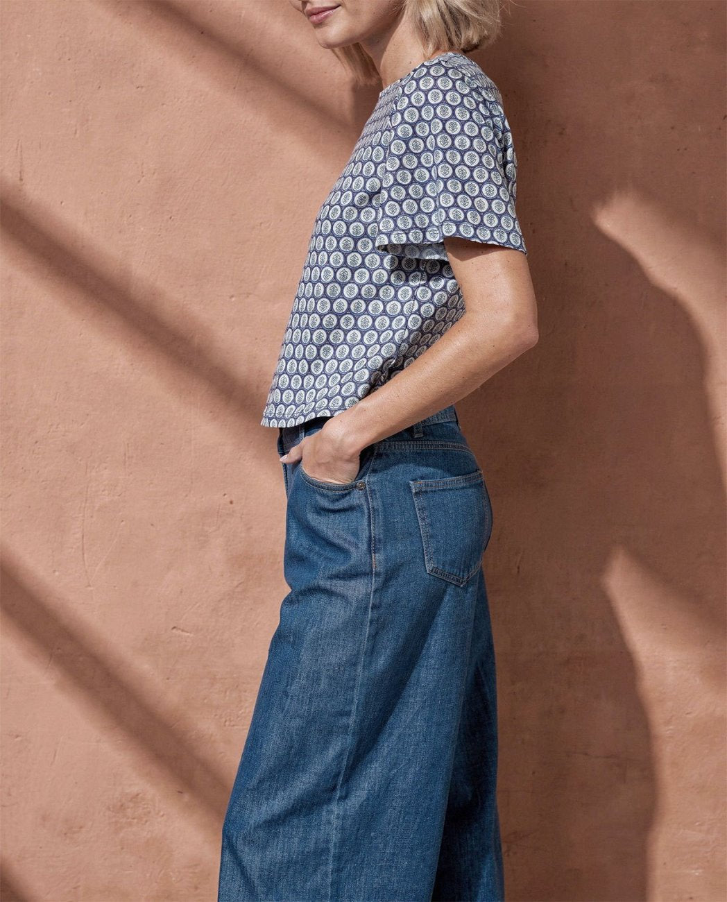 Boat neck printed top Blue