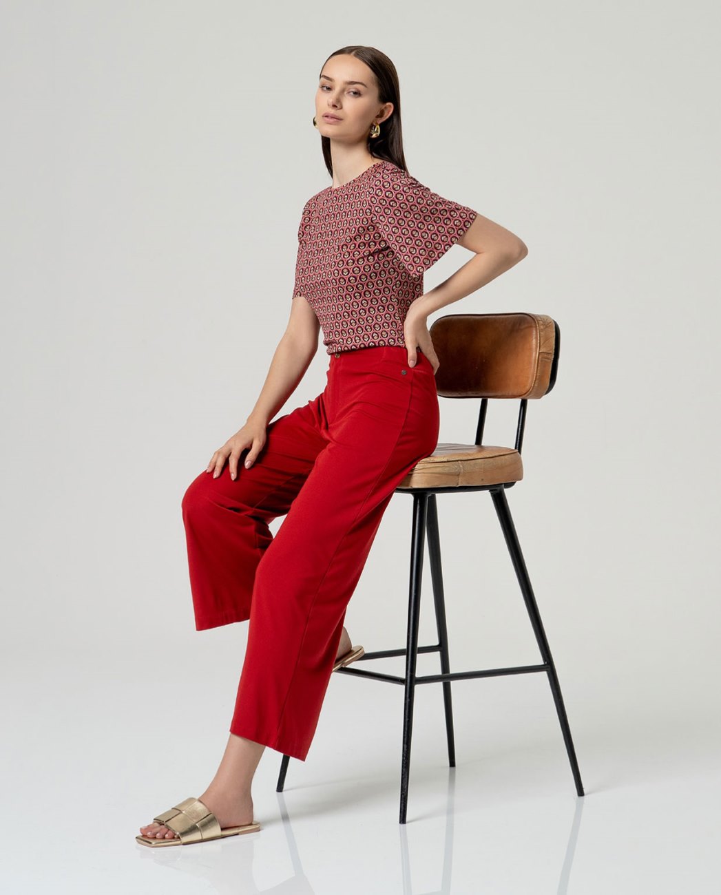 Boat neck printed top Coral