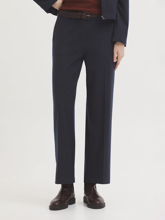 Navy blue trousers in Window Check fabric with recycled polyester blend,front fastening with zip and button, slash pockets, waistband with loops, belt loops and decorative buttons, straight leg with pressed crease, in 65% Polyester, 31% Viscose, 4% Elastane.