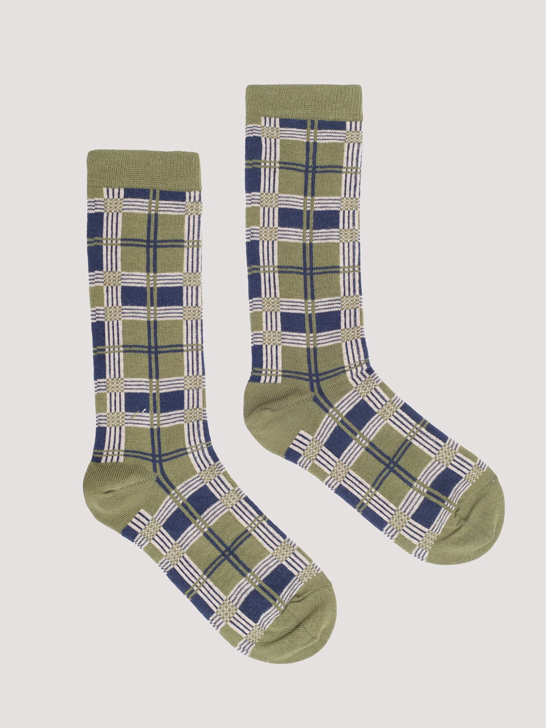 Plaid patterned socks with khaki, blue, and ecru colors