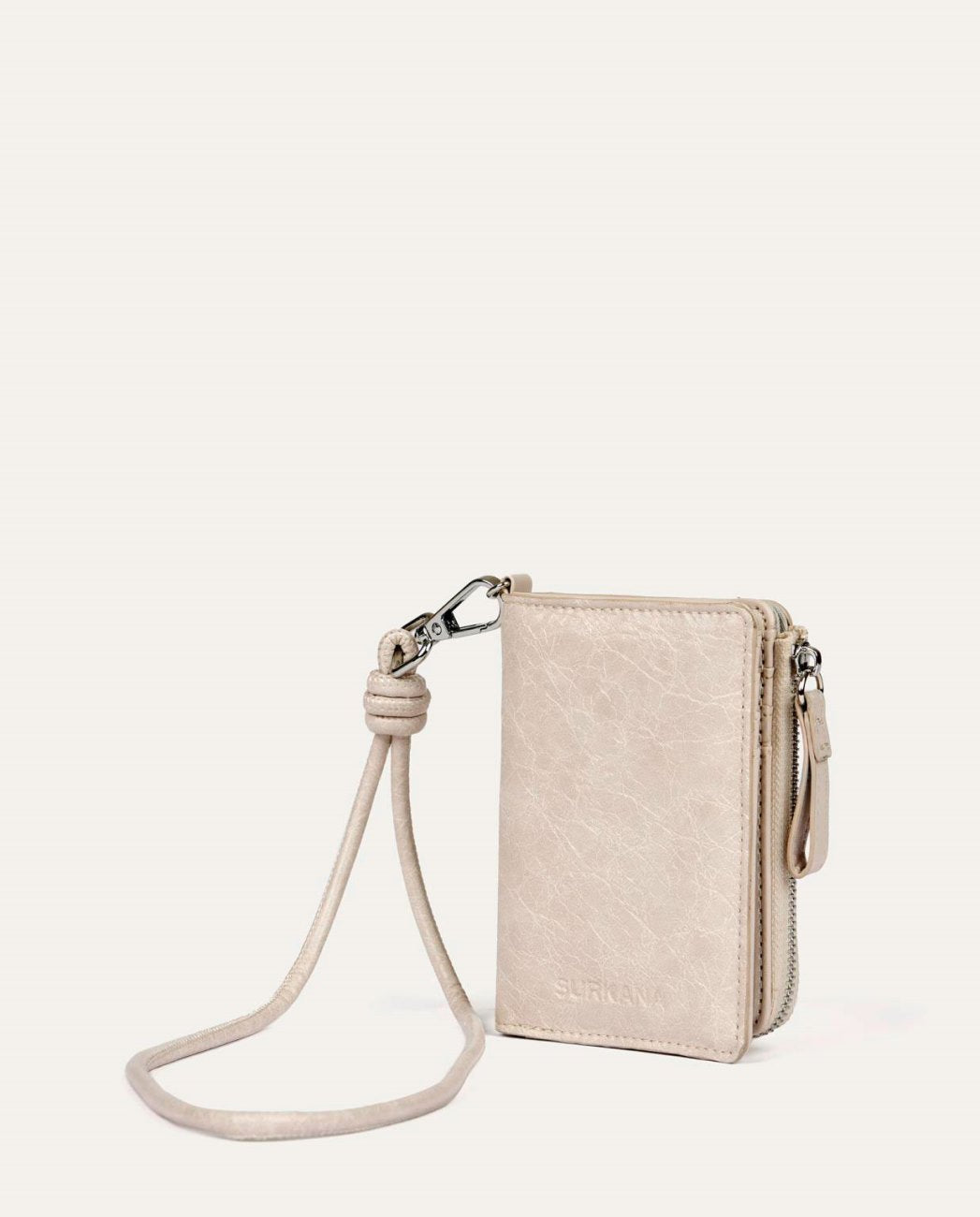 Light grey compact coin purse type wallet in synthetic leather with natural wrinkled texture. Zipper closure with matching knot puller and handmade knot strap detail. Interior with multiple card slots and large main compartment.