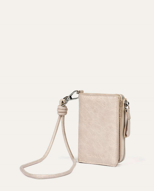 Light grey compact coin purse type wallet in synthetic leather with natural wrinkled texture. Zipper closure with matching knot puller and handmade knot strap detail. Interior with multiple card slots and large main compartment.