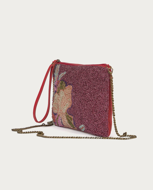 Beaded embroidered floral mauve clutch with removable chain handle. 
