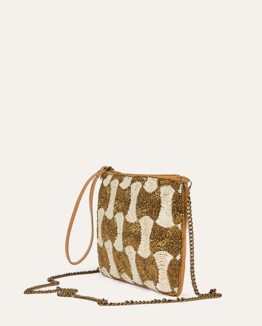 Beaded ecru and gold embroidered clutch with removable chain handle. Inner pocket.