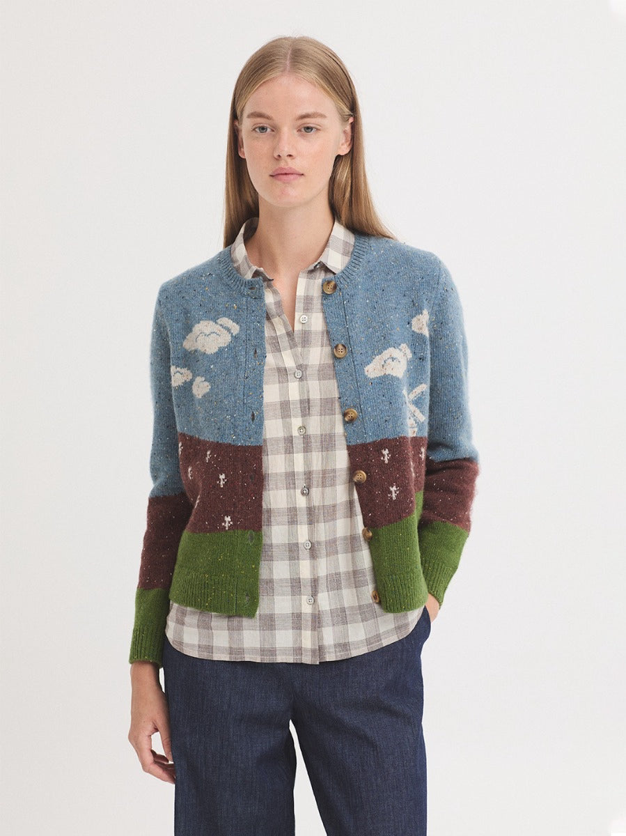 Dutch landscape print  wool cardigan with round neck, center button front, long sleeves and ribbed finish, in green, brown, light blue and ecru colors, 50% Wool, 50% Polyamide.
