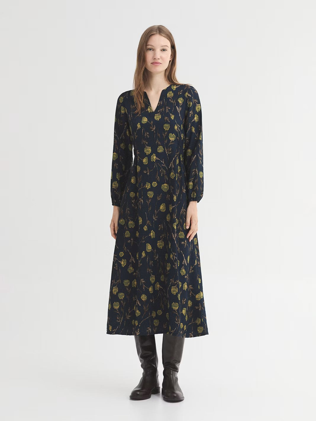 Midi dress Navy with mustard Blurred Flowers print, designed with a round neck and opening, concealed elasticated waistband, flared skirt and puff sleeves with elasticated cuffs.