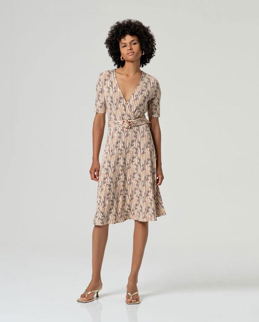 Printed stripe and floral ecru dress with belt. 