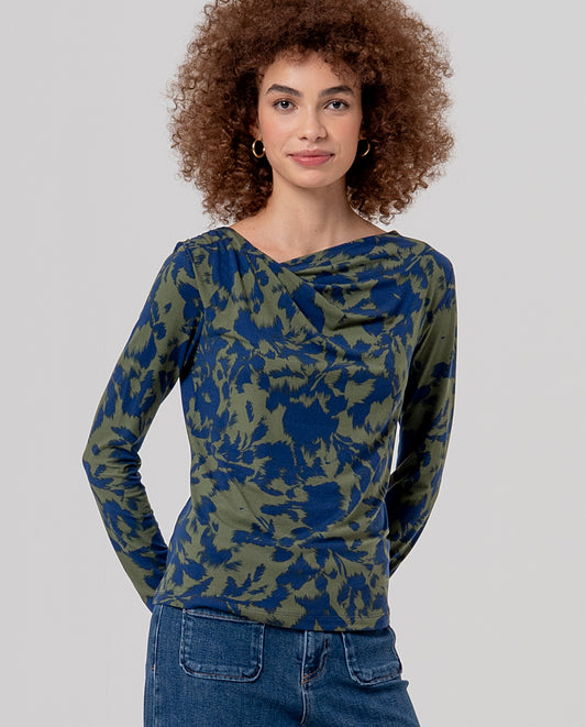 Long-sleeve top with an asymmetric draped neckline, in soft, fine stretch knit. High-contrast two-tone  blue and green abstract print. Fitted and flattering.