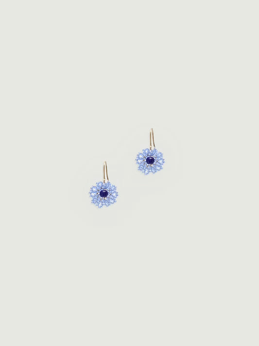 Flower beads light blue drop earrings with navy bead in the center, 2 cm in diameter.