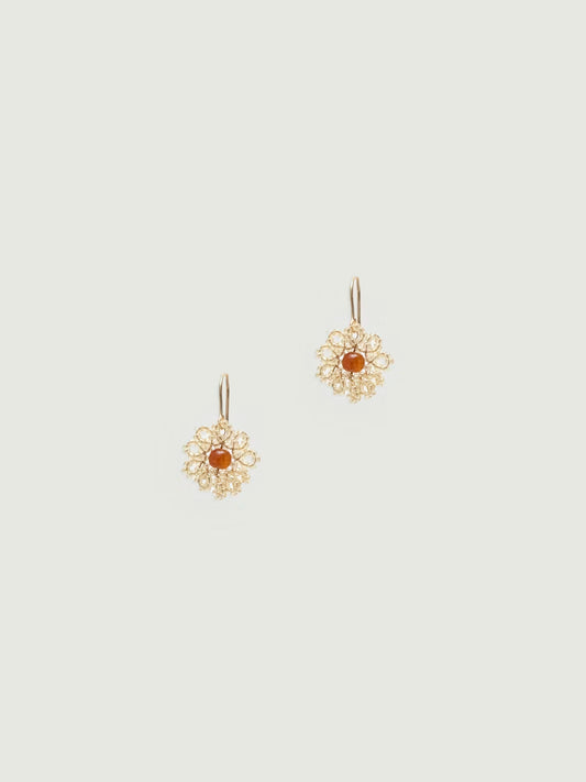 Flower beads natural drop earrings with intense yellow bead in the center, 2 cm in diameter.