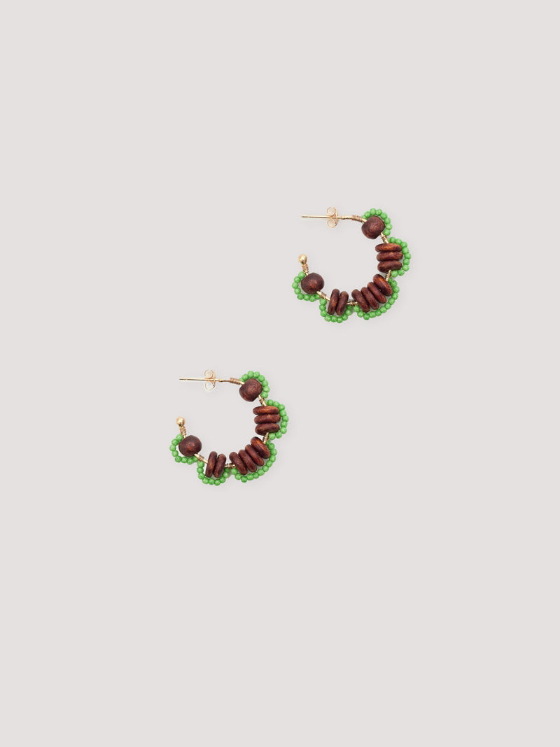 Pair of green beaded hoop earrings in a flower shape
