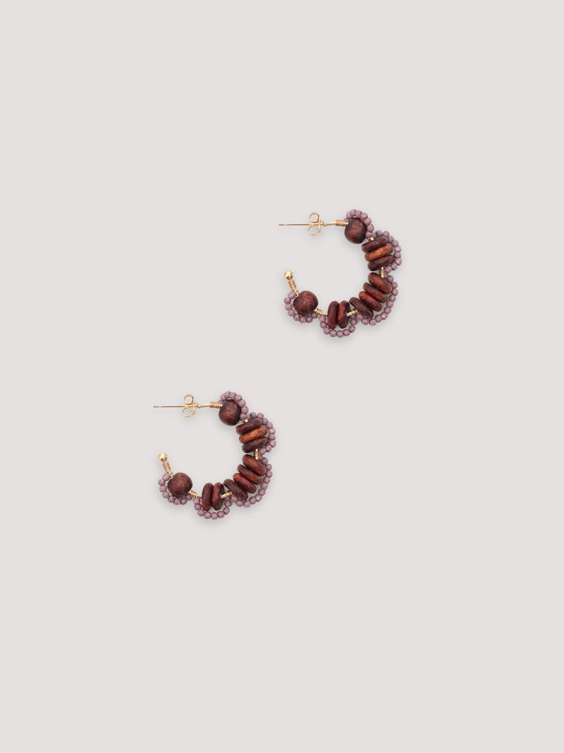 Pair of lavender beaded hoop earrings in a flower shape