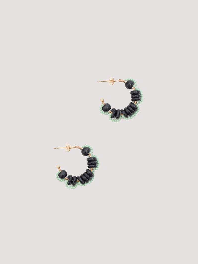 Pair of black beaded hoop earrings in a flower shape