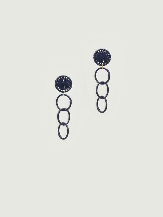 Hoop navy drop earrings made of raffia, 
5.5 cm in length.