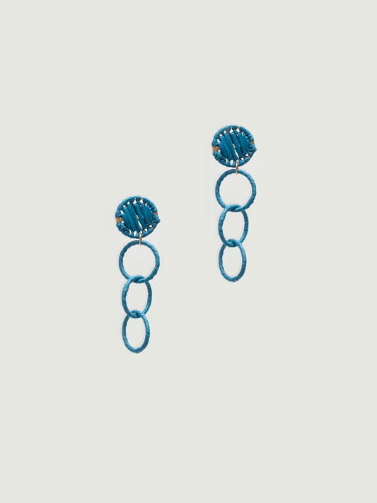 Hoop turquoise drop earrings made of raffia, 
5.5 cm in length.