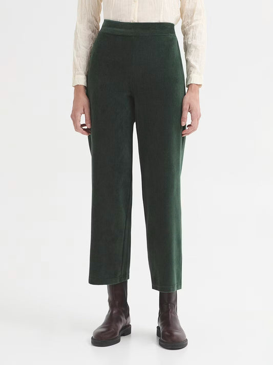 Straight fit dark green stretch cotton corduroy trousers. Elasticated waistband at back.