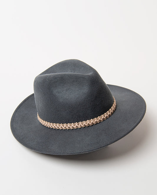 Wool grey felt fedora with a wide brim and a pinched crown, cinched by a contrast braided cord. Adjustable inside cord;Designed in Barcelona,Dia: 55cm
