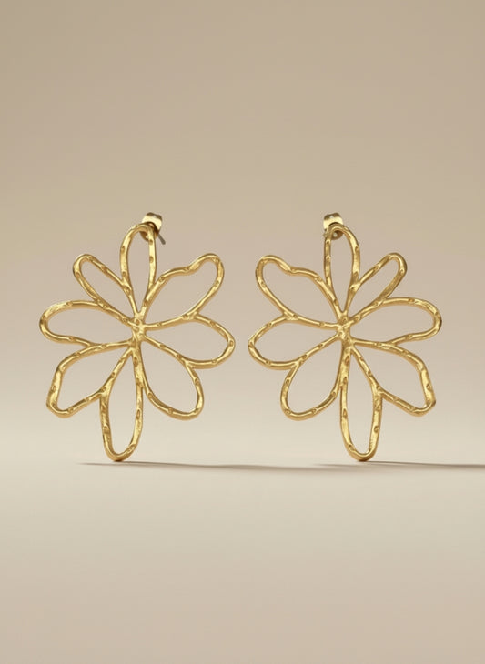 A pair of gold-tone flower-shaped earrings with a textured, hand-drawn outline finish, from rhodium with antique gold plating