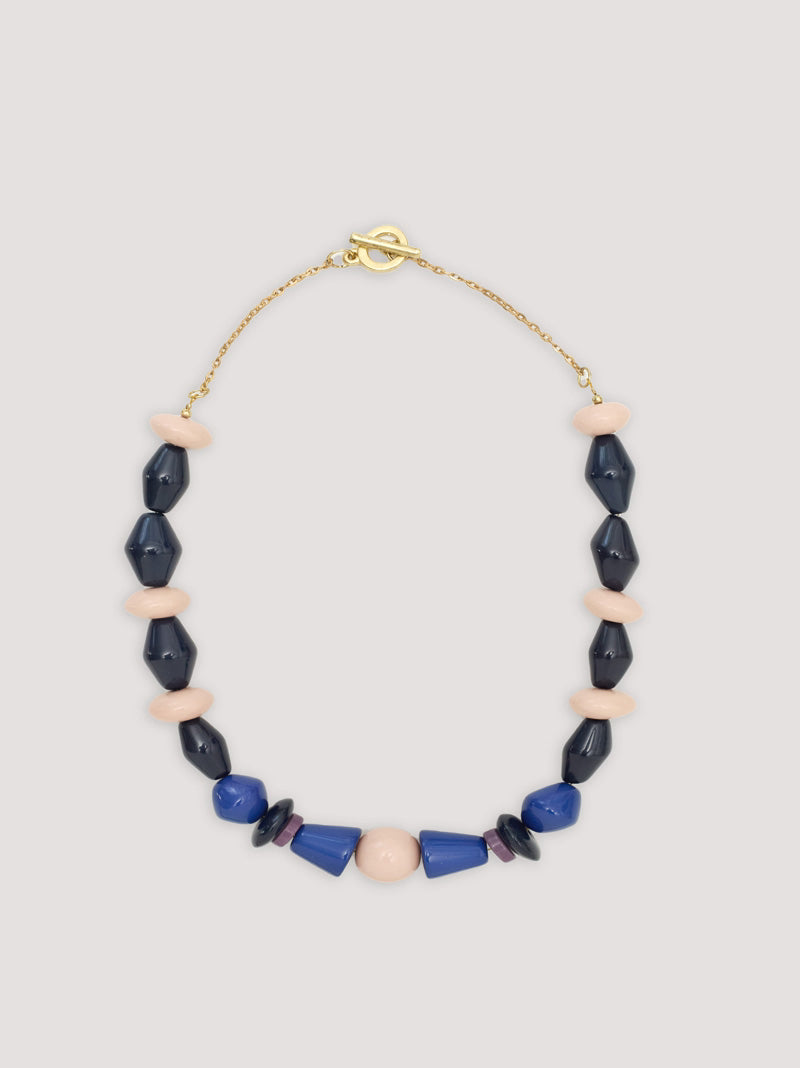 necklace short with navy, blue and ecru geometric beads