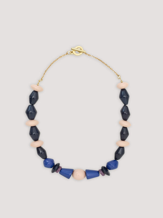 necklace short with navy, blue and ecru geometric beads
