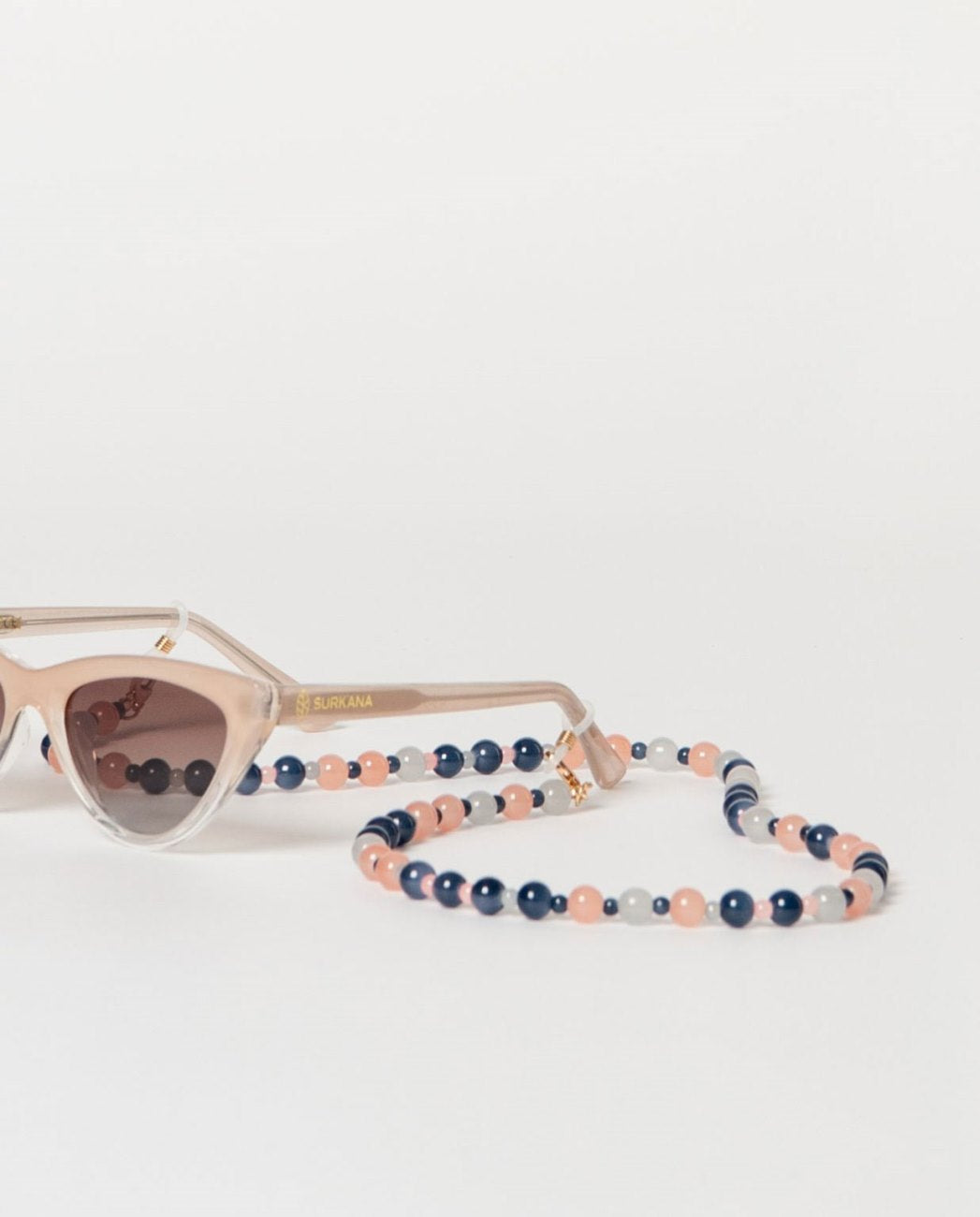Beaded eyeglass cord in blue and pink colors.