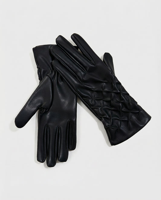 Glove black in smooth, soft-touch faux leather, with an elasticated shirred detail at the wrist. A fitted cut that slims the hand., 24cm long, 9.5cm wide